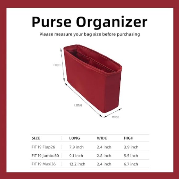 Purse Organizer Insert for Chanel 19 Bag  Silk Bag Luxury Handbag Burgundy - Picture 3 of 10